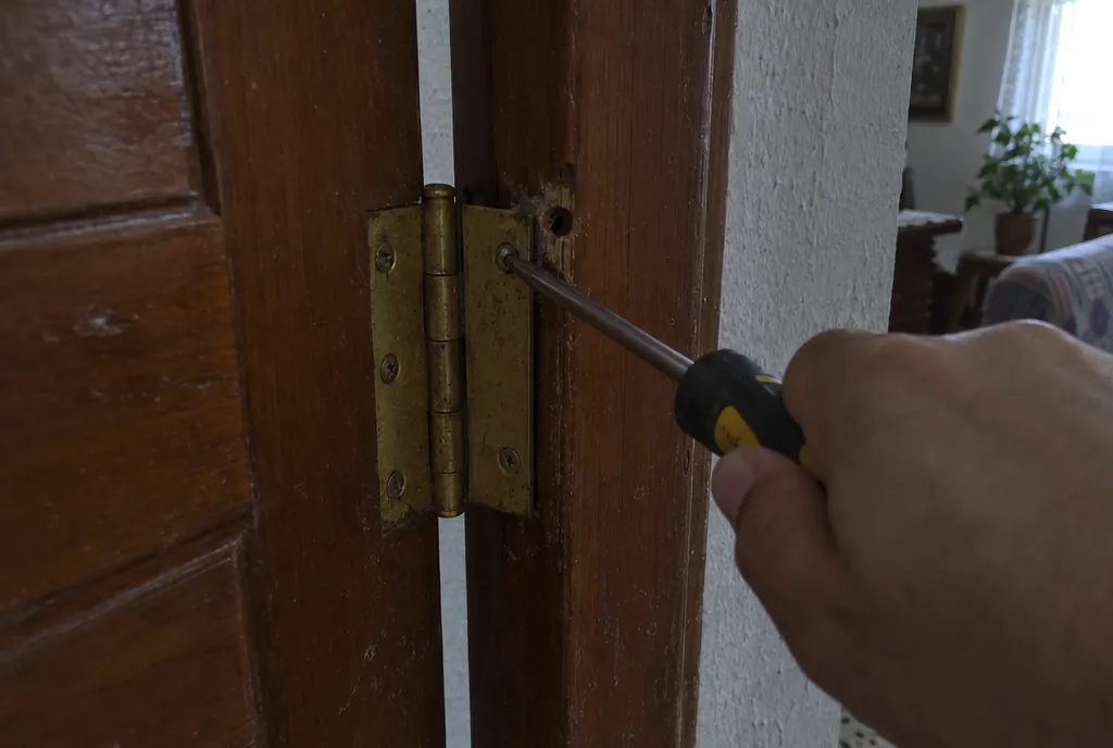 Mano apretando con un destornillador el tornillo de una bisagra de latón en una puerta de madera, con un agujero agrandado en el marco